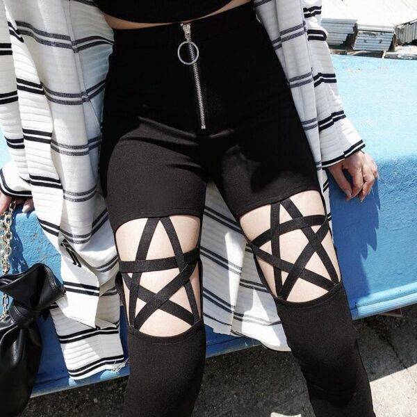 Dark Black Gothic Women’s Pencil Pants – Hollow-out Pentagram Zip Punk Ankle-length Fashion Pant Gothtopia https://gothtopia.com