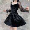 Black Gothic Women’s Autumn Lady Lace Patchwork Long Sleeve Drawstring Waist Mini Dress Gothtopia https://gothtopia.com