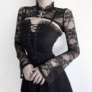 Black Gothic Women’s Short Lace Palace Blouse – Tight Flare Sleeve Stand Neck Double Breasted Top Gothtopia https://gothtopia.com