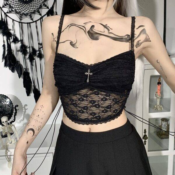 Sexy Gothic Lace Black Women’s Drawstring Transparent Strapless Metal Cross Camisole Short Top Gothtopia https://gothtopia.com