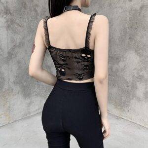 Sexy Summer Gothic Women’s Skull Mesh Strapless Short Length Hollow Out Street Camisole Gothtopia https://gothtopia.com