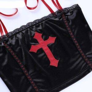 Dark Gothic Women’s Short Length Red Cross Lace Spliced Strap Bow Sexy Camisole Gothtopia https://gothtopia.com