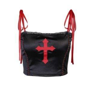 Dark Gothic Women’s Short Length Red Cross Lace Spliced Strap Bow Sexy Camisole Gothtopia https://gothtopia.com