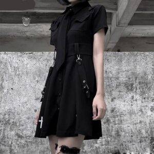 Dark Gothic Punk Women’s Cargo Cop Swat Dress – Adjustable Buck Strap Cross Printed Streetwear Mini Gothtopia https://gothtopia.com
