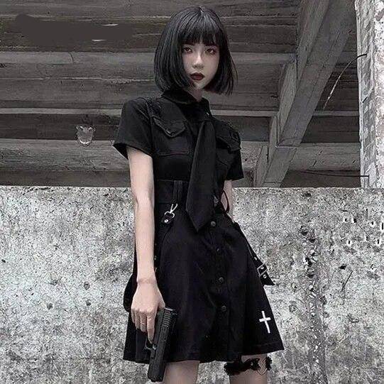 Dark Gothic Women Cargo Dress 2021 Lady Adjustable Buck Strap Cross Printed Punk Empire Cool Streetwear Mini Tie Shirt Dresses