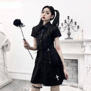 Dark Gothic Punk Women’s Cargo Cop Swat Dress – Adjustable Buck Strap Cross Printed Streetwear Mini Gothtopia https://gothtopia.com