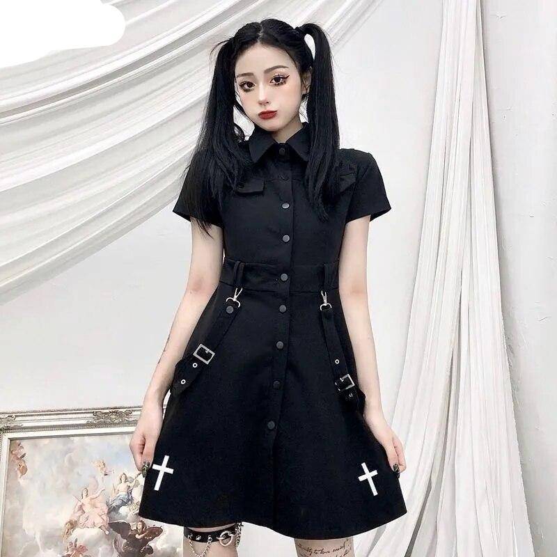 Dark Gothic Women Cargo Dress 2021 Lady Adjustable Buck Strap Cross Printed Punk Empire Cool Streetwear Mini Tie Shirt Dresses