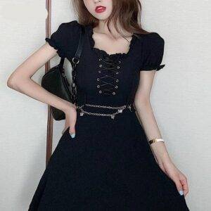 M-4XL – Black Gothic Women’s Puff Sleeve Summer Lace-up Bust Eyelet Oversize Mini Dresses w/Metal Waist Chains Gothtopia https://gothtopia.com