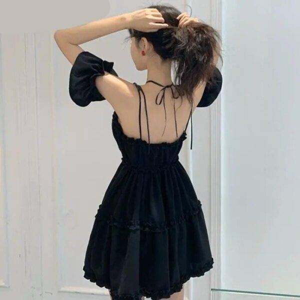 Black Ruffles Empire Gothic Dress – Halter Backless Short Sleeve Deep V Neck Sexy Casual Streetwear Gothtopia https://gothtopia.com