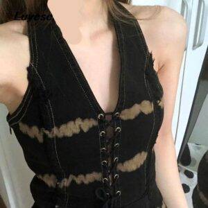 Black Gothic Sexy Halter Mini Denim Dress Summer – Deep V Neck Sleeveless Lace-up Dresses Gothtopia https://gothtopia.com