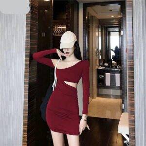 Women’s Irregular Slim Gothic Hollow One Side Off Shoulder Diagonal Collar Bodycon Solid Black Red Mini Dress Gothtopia https://gothtopia.com