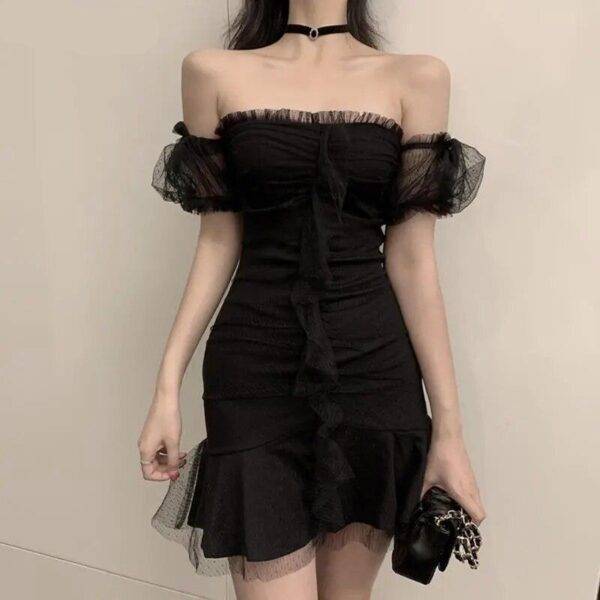 Black Women’s Slash Neck Sexy Gothic Pleated Backless Slim Mini Dress – Mesh Spliced w/Ruffles Gothtopia https://gothtopia.com