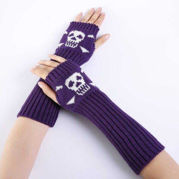 Women’s Gothic Knitted Skull Gloves – Stretch Elbow Length Winter Arm Warmer Black Long Mittens Gothtopia https://gothtopia.com