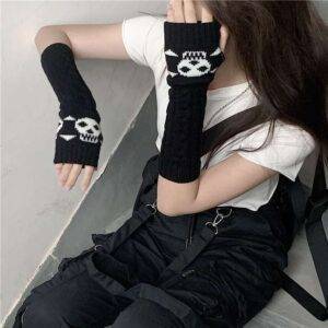 Women’s Gothic Knitted Skull Gloves – Stretch Elbow Length Winter Arm Warmer Black Long Mittens Gothtopia https://gothtopia.com