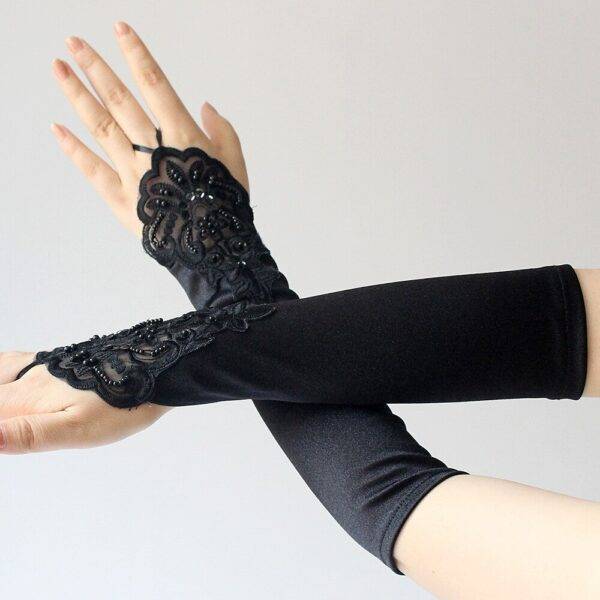 Black Gothic Women’s Sequin Gloves – Satin Elbow Length Pearl Lace Patchwork Gloves Gothtopia https://gothtopia.com