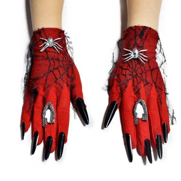 Red Gothic Women Sexy Novelty Ladies Spider Skull Accessory Lace Wrist Length Satin Gloves Gothtopia https://gothtopia.com