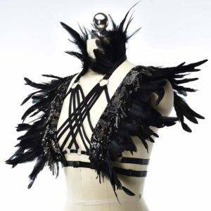 Gothic Black Neck Collar Feather Harness – Sexy Lingerie Cage Bra Feather Wings Body Harness Gothtopia https://gothtopia.com