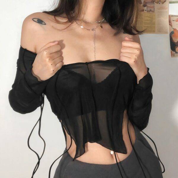 Sexy Mesh Transparent Lace Up V Neck See Through Full Sleeve Split Gothic Crop Top Gothtopia https://gothtopia.com