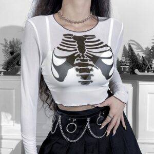 Gothic Skull Print Mesh Sexy See Though Long Sleeve Crop Top – SML Gothtopia https://gothtopia.com