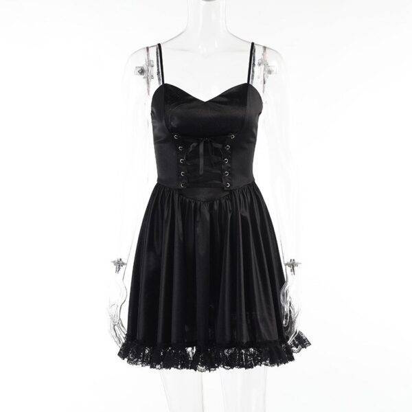 Gothic Lolita Black Retro Lace Patchwork High Waist Bandage Corset A-line Mini Dress Gothtopia https://gothtopia.com