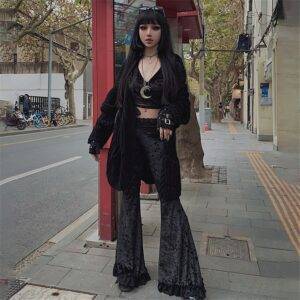 Sexy Gothic Fashion Patchwork High Waist Loose Lace Solid Flare Suede Pants Gothtopia https://gothtopia.com