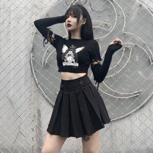 Sexy Gothic Punk Graphic Printed Long Sleeve Patchwork Tee Tops Streetwear Gothtopia https://gothtopia.com
