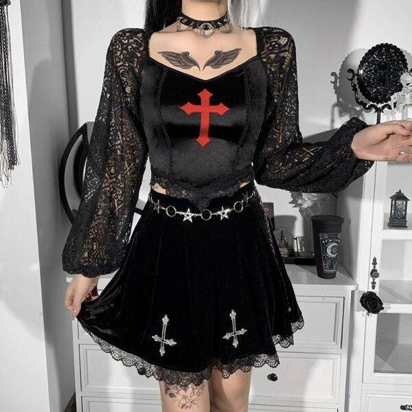 Gothic Cross Embroidery Black Aesthetic Lace Puff Sleeve Patchwork Crop Top Gothtopia https://gothtopia.com