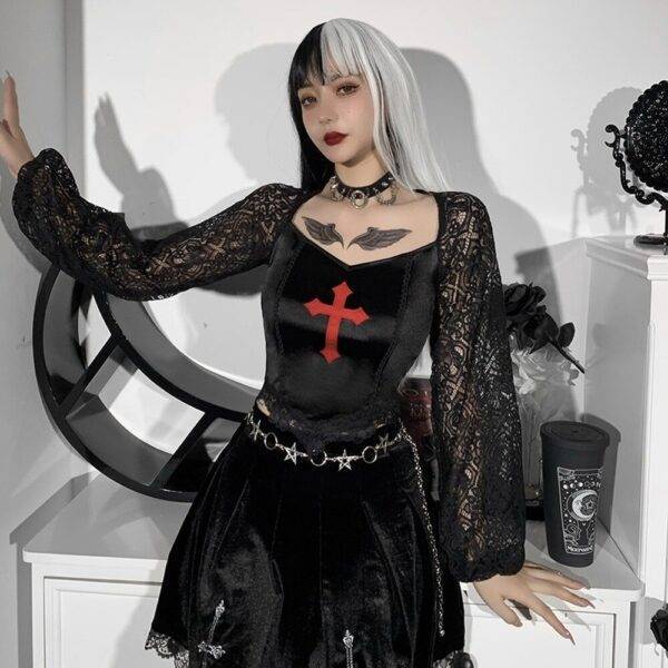 Gothic Cross Embroidery Black Aesthetic Lace Puff Sleeve Patchwork Crop Top Gothtopia https://gothtopia.com