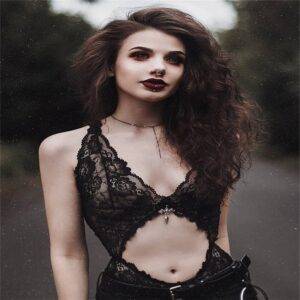 Goth Lace Hollow Out Black Bodysuits – Vintage V Neck Bodycon Summer Sleeveless Playsuit Rompers Gothtopia https://gothtopia.com