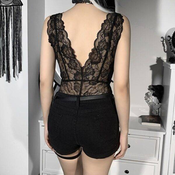 Goth Lace Hollow Out Black Bodysuits – Vintage V Neck Bodycon Summer Sleeveless Playsuit Rompers Gothtopia https://gothtopia.com