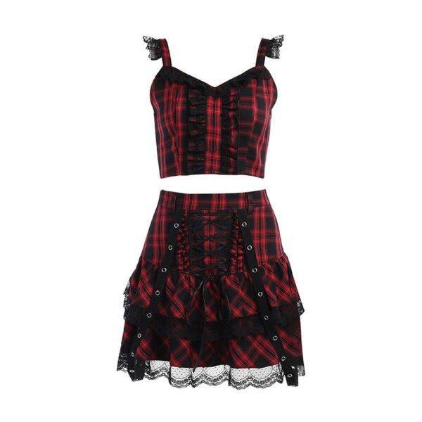 Gothic Punk Plaid Lace Up Sexy Lace Crop Top & High Waist Mini Skirts Streetwear 2pcs Sets Gothtopia https://gothtopia.com