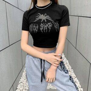 Spider Diamonds Casual O Neck Short Sleeve Woman’s T – Slim Fashion Simple Daily Cropped Top Gothtopia https://gothtopia.com