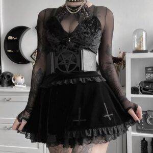 Goth Cross Black Skirt Vintage Lace Trim A Line Mini Skirt – Grunge High Waist Ruffle Summer Skirt Gothtopia https://gothtopia.com