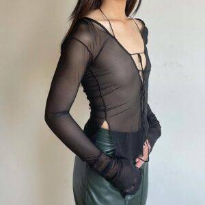 Sexy Long Sleeve Solid Gothic Off Shoulder See Through Black Crop Top Gothtopia https://gothtopia.com