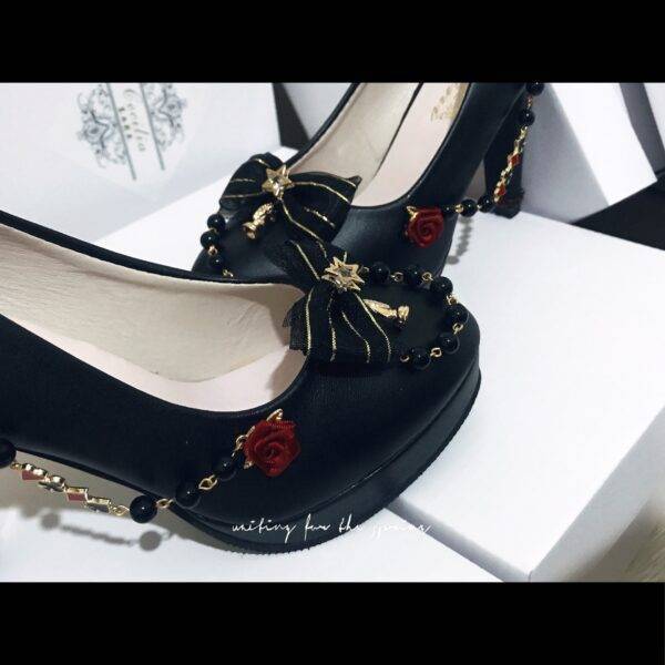 HAND MAKE Black Gothic Lolita Cosplay rose With Bows Platform Heel Lolita Shoes Gothtopia https://gothtopia.com
