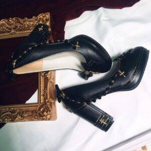 HAND MADE Black Gothic Lolita Cosplay PEARL Platform Heel Lolita Shoes With Bow Gothtopia https://gothtopia.com