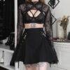 Black Functional Punk Irregular Pleated A-line Skirt High Waist Tooling Waist Chain Gothic Skirt Gothtopia https://gothtopia.com