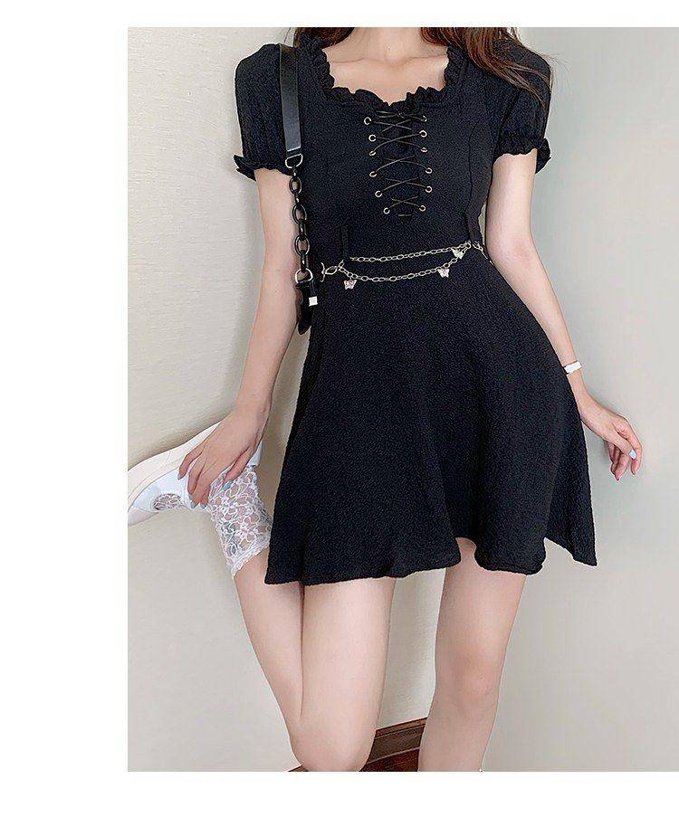 Black Gothic Women Puff Sleeve Dress 2021 Summer Lady Lace-up Bust Eyelet Empire Oversize Mini M-4XL Dresses Metal Waist Chains