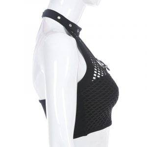 Sexy Black Mesh Gothic Halter Backless Crop Top Streetwear Bodycon Hollow Out Tank Top Gothtopia https://gothtopia.com