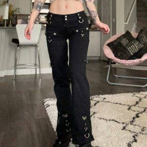 Dark Punk Grunge Low Waist Emo Jeans Mall Gothic Black Patchwork Electro Pants Alt Streetwear Gothtopia https://gothtopia.com