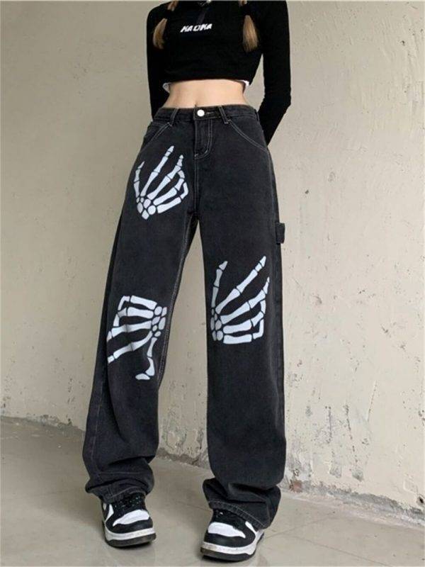 Goth Skeleton Hands Print Women Oversize Fashion Punk Denim Hip Hop Jeans Gothtopia https://gothtopia.com
