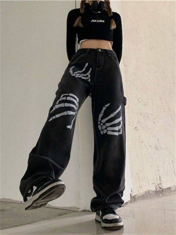 Goth Skeleton Hands Print Women Oversize Fashion Punk Denim Hip Hop Jeans Gothtopia https://gothtopia.com