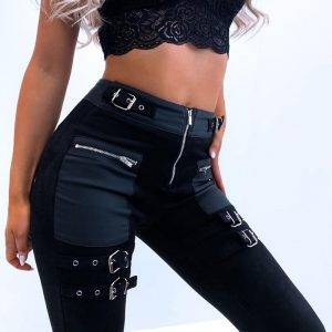 Goth Black/Red Women’s Eyelet Buckled Zipper Design Pants – Femme High Waist Belt Patchwork Skinny Trousers Gothtopia https://gothtopia.com