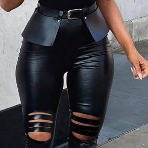 Goth Black Sexy High Waist Slit Women Cutout PU Leather Skinny Pants With Belt Gothtopia https://gothtopia.com