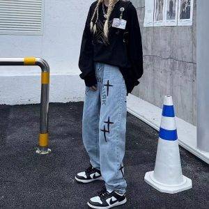 Vintage Grunge Punk Aesthetic Streetwear High Waist Straight Embroidered Print Baggy Jeans Gothtopia https://gothtopia.com