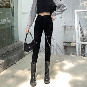 Black Gothic Leggings Women’s Punk Style Zipper Ripped High Waist Pencil Pants Jeans Gothtopia https://gothtopia.com