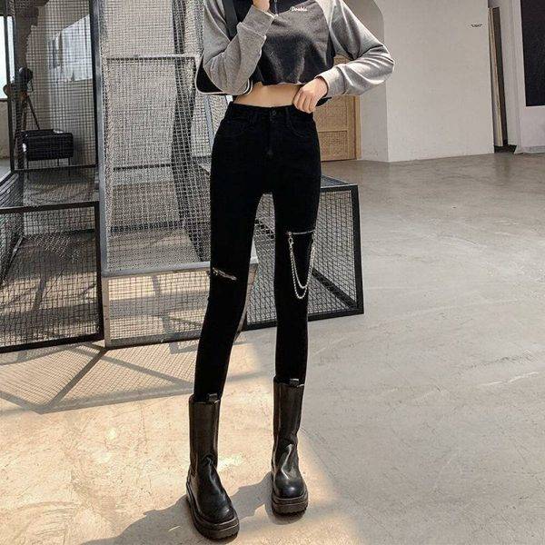 Black Gothic Leggings Women’s Punk Style Zipper Ripped High Waist Pencil Pants Jeans Gothtopia https://gothtopia.com