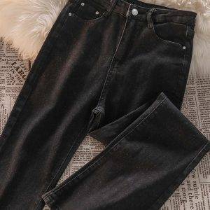 Black Lace Up Vintage Streetwear Slim Straight Chic Korean Denim Wide Leg Flare Jeans Gothtopia https://gothtopia.com