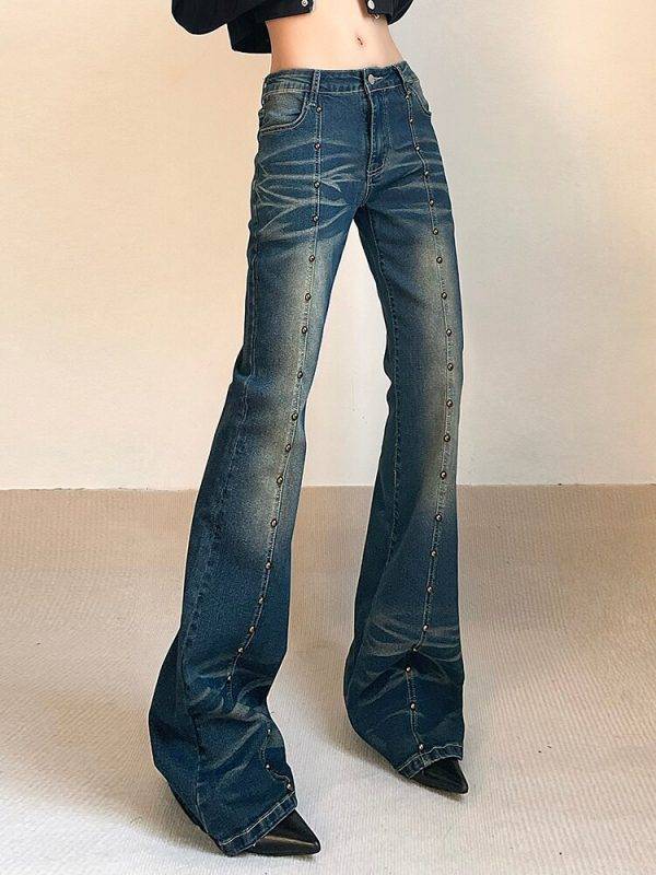 Chic Punk Rivet Flare Jeans Streetwear Vintage Low-wasit Distressed Denim Jeans Gothtopia https://gothtopia.com