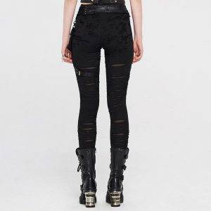 PUNK RAVE Women’s Punk Black Detachable Waistbag Broken Hole Knit Leggings Steampunk Fashion Adjustable Belt High Waist Trousers Gothtopia https://gothtopia.com
